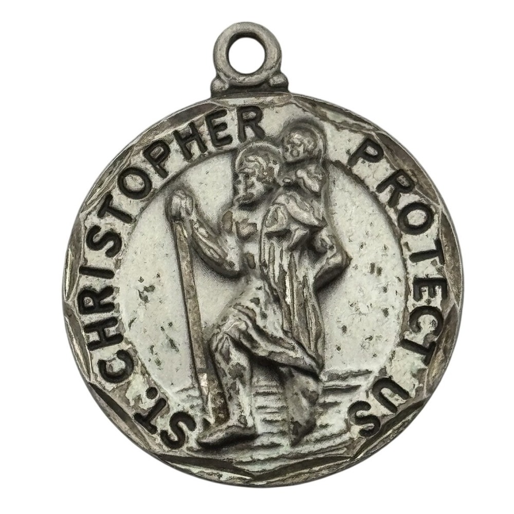 Vintage St Saint Christopher Protect Us Sterling Silver Religious Medal Signed K